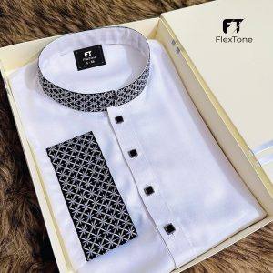 FlexTone Premium Quality Embroidery Panjabi/ Color – White